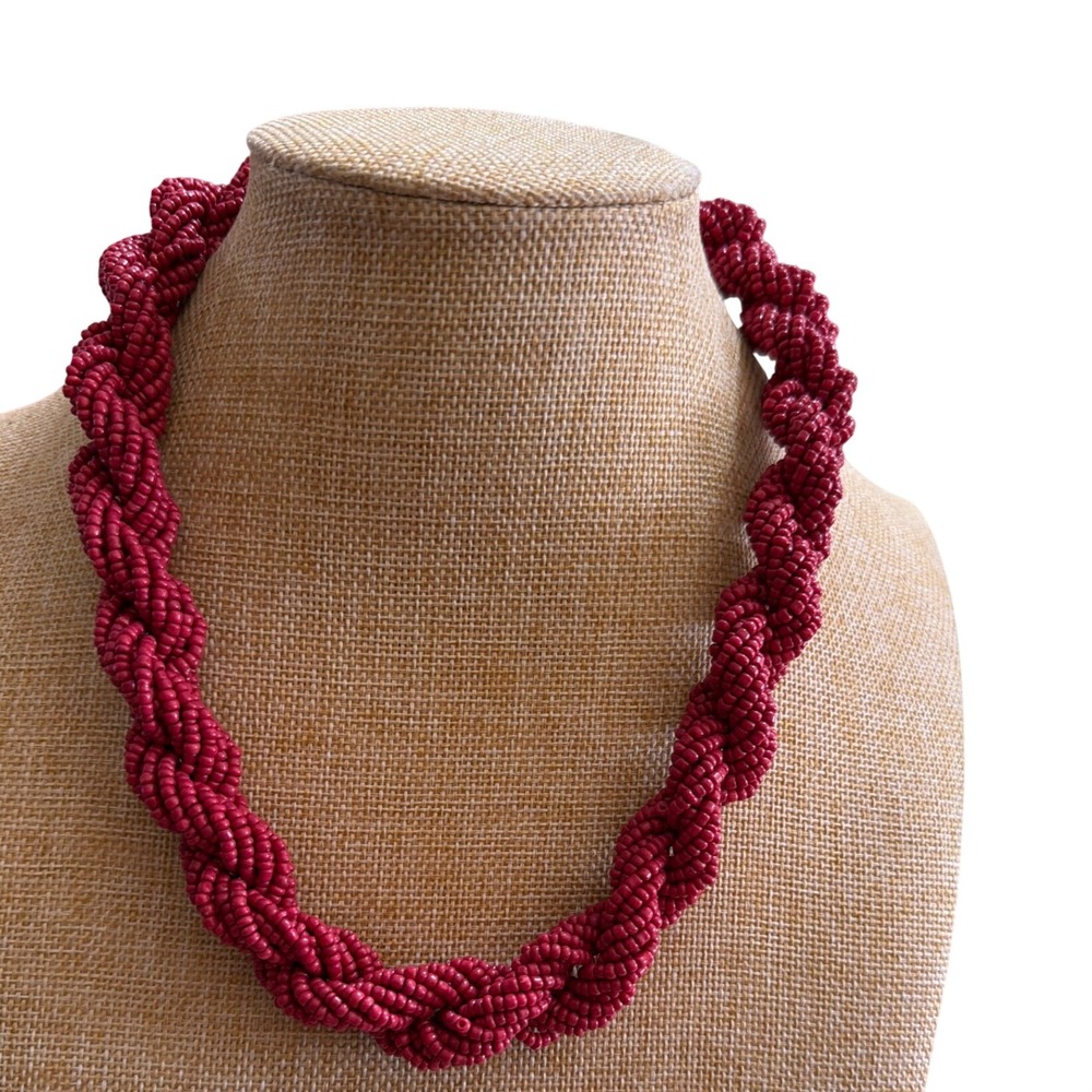Chicos Braided Seed Bead Statement Necklace Burgundy Red Twisted Multi-Strand
